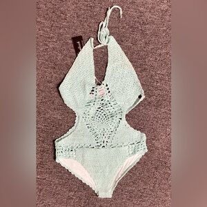 Stylish Swimwear Turquoise Crocheted One Piece Swimming Suit
